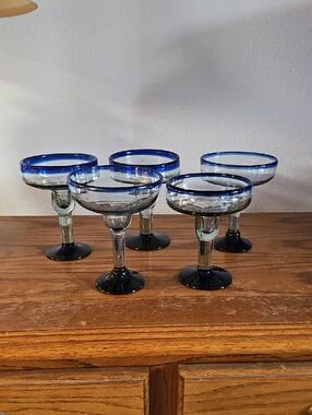 Handblown, Made In Mexico Cobalt Blue Rim Margarita Glass Set Tote 1 #15